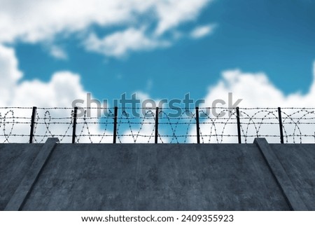 Image, Stock Photo barbed wire and concrete military fence on the beach near the sea in Crimea