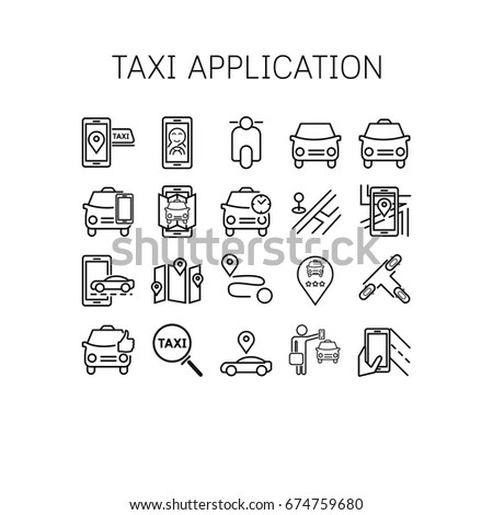 Vector illustration of thin line icons for Taxi application Linear symbols set 64*64 pixels