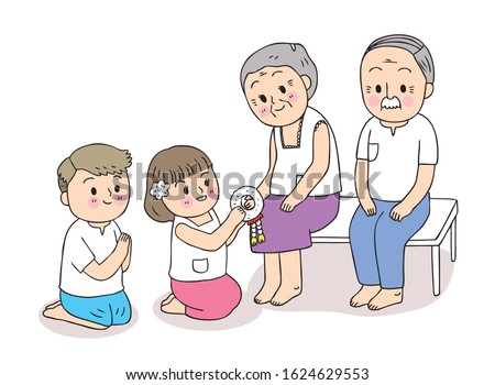 Cartoon cute Songkran festival Thailand, Family day, Boy and girl pay respect to grandparents vector.