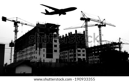 Construction Site and airplane.  Black and White , B&W