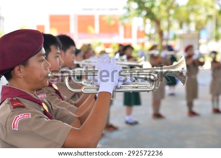 Udonthani Thailand - July 1 , 2015 : Marching Band Show by Scouts in Stadium in National Scout Day , July 1 , 2015 in udonthani Thailand