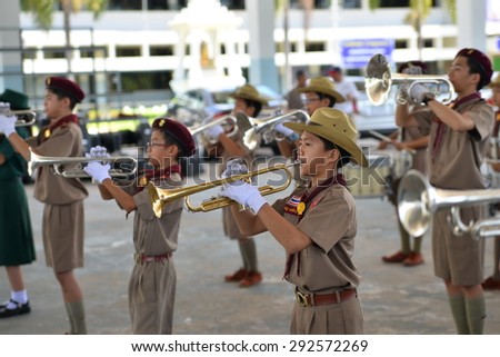 Udonthani Thailand - July 1 , 2015 : Marching Band Show by Scouts in Stadium in National Scout Day , July 1 , 2015 in udonthani Thailand