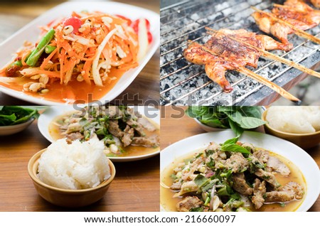 Favorite of Thai food dish, papaya salad, chicken grilled,spicy pork salad, sticky rice