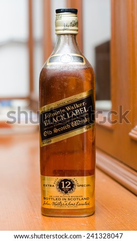 Bangkok,Thailand - January 03,2015: Johnnie Walker BLACK LABEL extraspecial old Scotch Whisky bottle