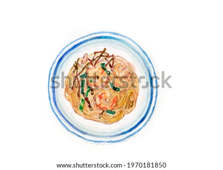 Scallion Noodles watercolor handrawn art menu cuisine isolated health restaurant asia asia dish meal plate top view illustration chinese food china shanghai 上海 葱油面 商業照片 © 