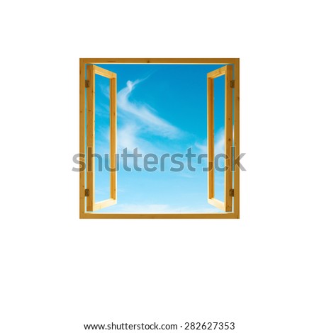 window frame, open wooden,   sky view, isolated on white background