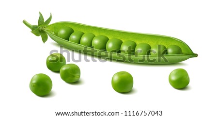 Fresh green pea pod with beans isolated on white background. Horizontal design element with clipping path Foto stock © 