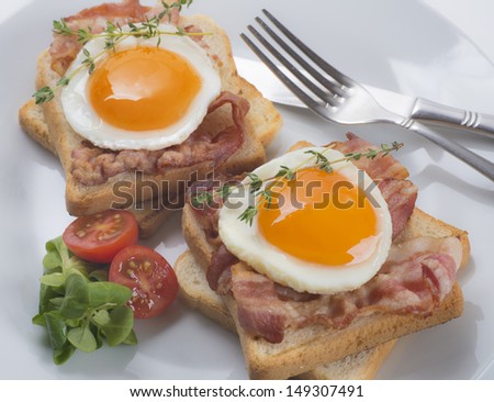 Two bacon and fried egg sandwiches on a plate