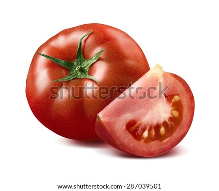 Red tomato and quarter piece isolated on white background as package design element