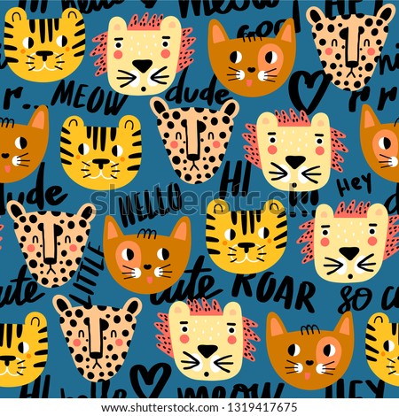 Cute seamless pattern with cat, tiger, lion and jaguar. Creative vector childish background for fabric, textile, nursery wallpaper. Vector Illustration. Dark blue background. - Vector