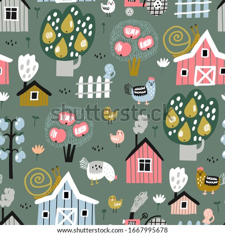 Summer seamless pattern with farm, fruit trees, hen and chicks. Europe nature landscape concept. Perfect for kids fabric, textile, nursery wallpaper. Seamless landscape.