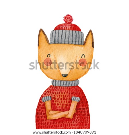 Mister Fox. Cute winter card. Watercolor animal. 