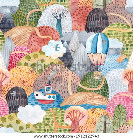 Hilly landscape with mountains, lake, ship, balloon and clouds. Watercolor seamless pattern. Creative watercolor texture for fabric, wrapping, textile, wallpaper, apparel. Hand drawn illustration.