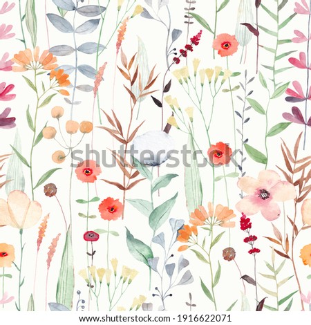 Watercolor seamless pattern with different wild flowers. Cute background for fabric, textile, nursery wallpaper. Meadow with flowers.