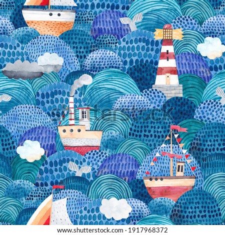 Cute watercolor background with ships, lighthouse and clouds. Childish seamless pattern. 商業照片 © 