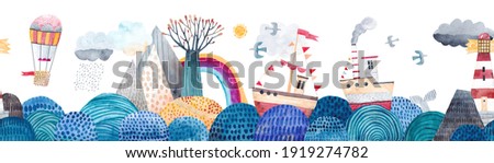 Cute seamless pattern sea landscape, waves, montains, ships, lighthouse, clouds and rainbow, balloon for travel. Watercolor illustration. Children's horizontal poster. Horizontal repeating banner.