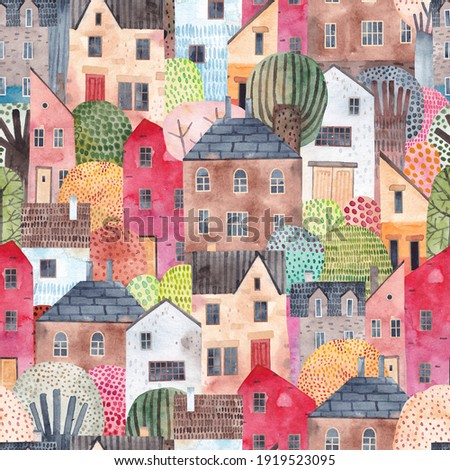 Abstract seamless pattern with houses. Watercolor background. Perfect for fabric, textile, wallpaper, kindergarten.