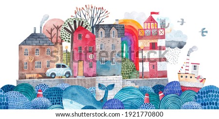 Cute city on an island in the ocean. Sea port. Traveler's postcard. Painting for the children's room. Old town landscape.