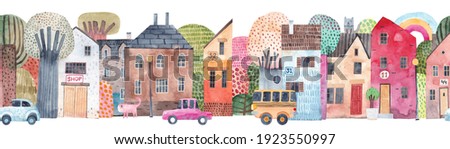 Cute seamless pattern old town. Watercolor illustration. Children's horizontal poster. Horizontal repeating banner.