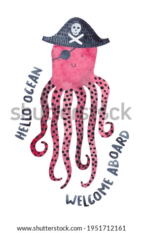 Cute pirate octopus. Watercolor illustration ready for print. 