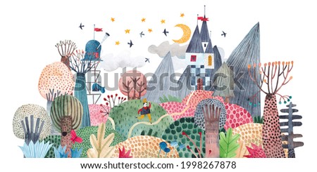 Fairy-tale landscape. Painting for the children's room. Image with mountains, fairy castles, exotic plants. Watercolor illustration.