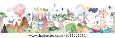 Cute landscape, hills, trail, lonely house, mountains, lake and ship, clouds and ballon, cars. Watercolor illustration. Children's horizontal poster. Horizontal border. Seamless pattern.