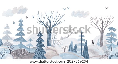 Winter forest. Gouache landscape. Children's horizontal poster. Horizontal border. Seamless pattern.