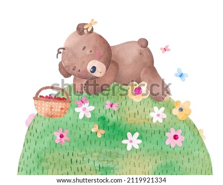 Cute teddy bear is sleeping in the meadow. Watercolor illustration. Horizontal banner. Decor for a children's room. Bear picking berries.