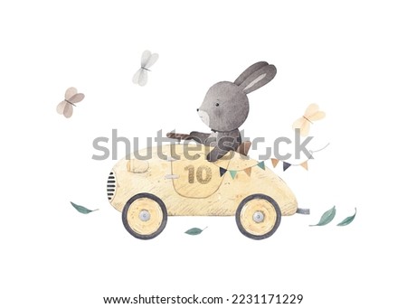 Bunny rides in a yellow sports car. Watercolor illustration. Children's decor.