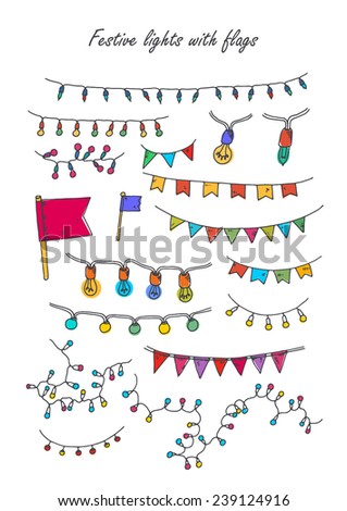 Vector illustration. Strings of holiday lights and birthday flags white background