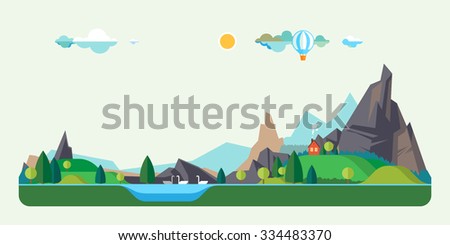 Vector flat illustrations. House in a mountain lake. Baloon flight