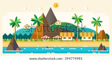 Beach summer landscape. Tourist huts on the coast, tourist village near the mountains. Vacation, relaxation, ocean, sun, palms. Vector flat illustration