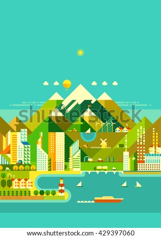 Mountain city. Modern city, industry, ecosystem and travel. Flat design