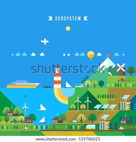 Tourist resort. Lighthouse on the coast. The mountainous landscape. Cruise ship off the coast. Ecology concept vector illustration for environment. Flat style. Green energy and nature.