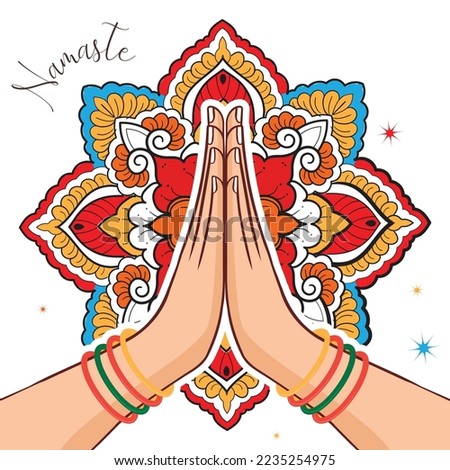 Illustration of karma depicted with Namaste, Indian women's hand greeting posture of namaste with  mandala design vector illustration