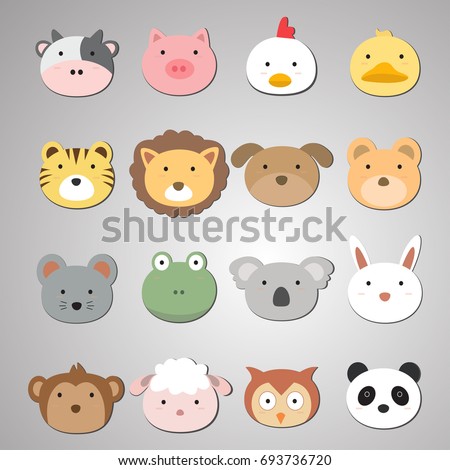 Set of animal heads. Artwork idea for baby products, badges, stickers, circle magnets.