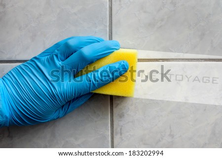 Cleaning sponge held in hand while cleaning bathroom with french lettering nettoyage (cleaning in english translation)