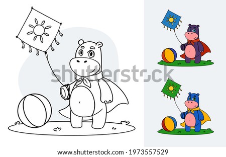 Vector color book page with hippo kid standing on grass with kite in hand and wanted to play ball