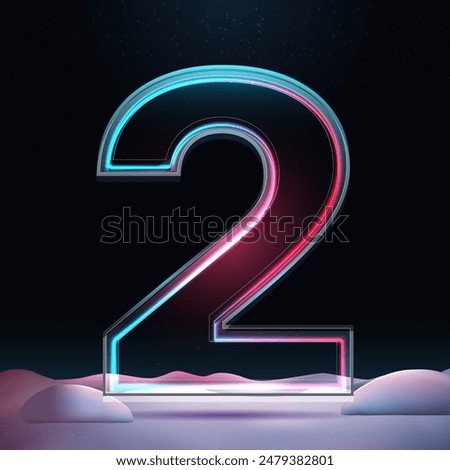 3D number 2 with neon light insight.  Glass symbol with sparkles and winter background. Futuristic holiday decoration. Element for design poster, advertisign or game