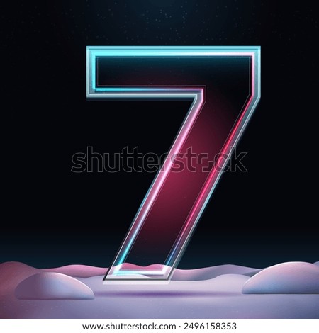 3D glass number 5 with neon light insight. Big relistic symbol with sparkles and winter background. Futuristic holiday decoration. Element for design poster, advertisign or game