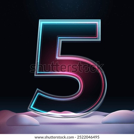 3D number 5 with neon light insight. Big realistic symbol with sparkles and winter background. Futuristic holiday decoration. Element for design poster, advertisign or game