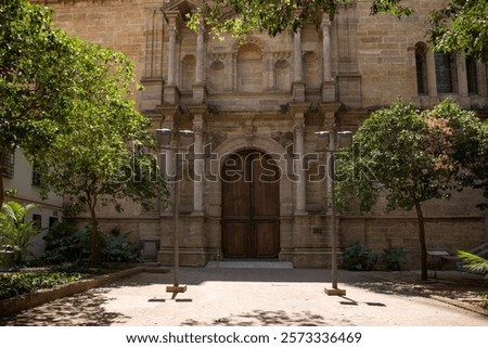 Similar – Image, Stock Photo Malaga, Spain. Facade Wall Of Bell Tower Of The Cathedral Of The Incarnation. Famous Landmark