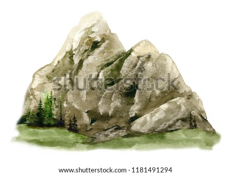 Picture of a mountains with spruces on the far distance shot hand painted in watercolor isolated on the white background