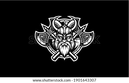 Black and white viking head with shield and axe vector emblem