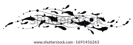 Fish wave. Decorative flock of fish. Logo design template. Vector illustration.