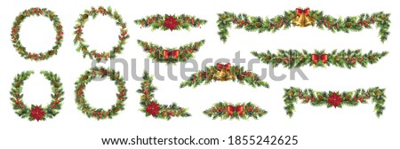 Big set of Christmas fir garlands with poinsettia, red berries, cones and jingle bells.  Vector illustration.