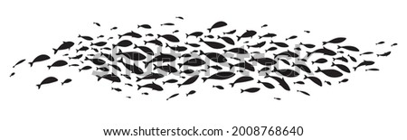 Silhouette of large school of fish. Vector illustration.
