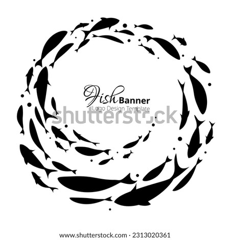 Fish banner swirl template design.  Black circle school of fish. Logo template. Vector illustration.