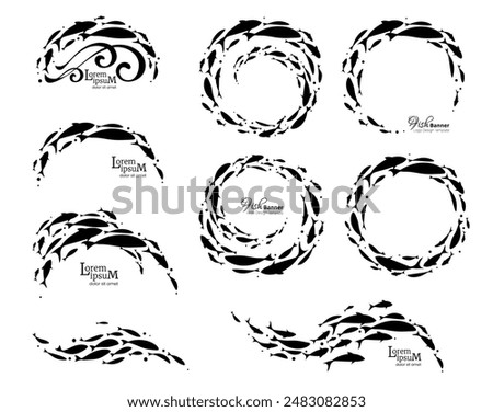 Large set of schools of fish. Fish logo designs for fish merchant or seafood restaurant. Vector illustration.