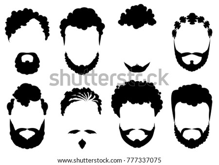 Set of black curls men's hairstyles, beards and mustache . Vector illustration.
